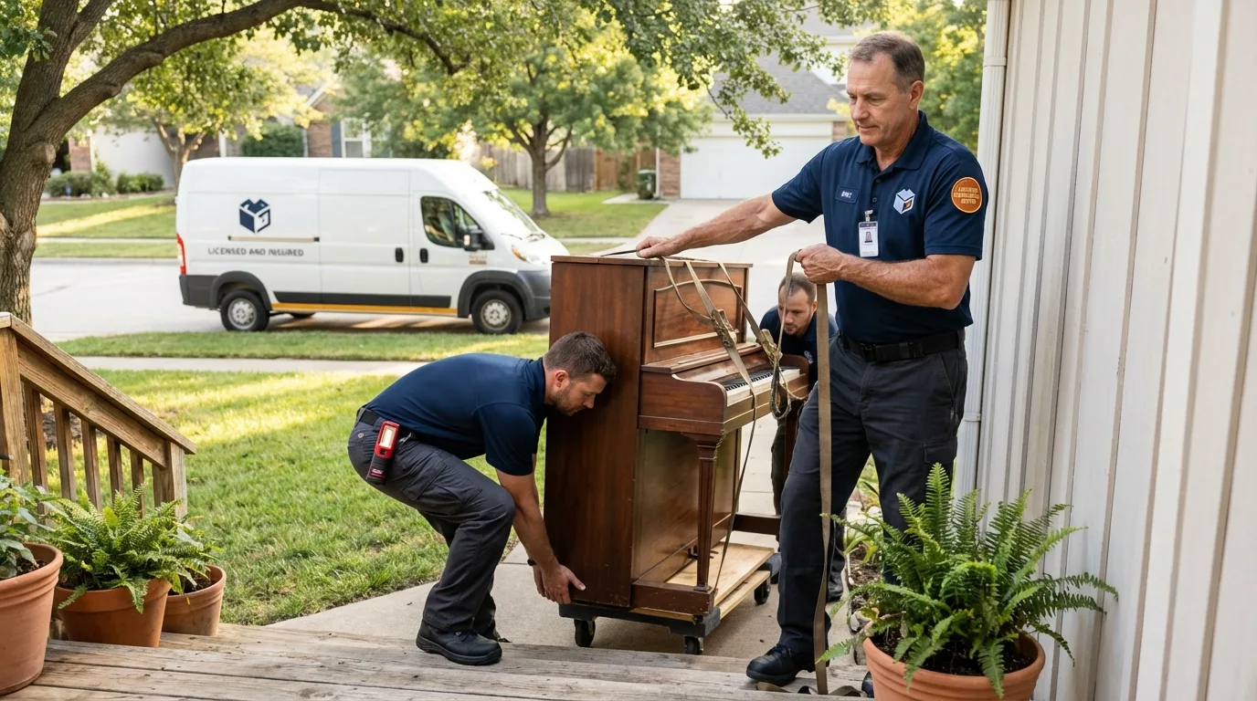 Licensed piano movers securing grand piano in Vinton, VA