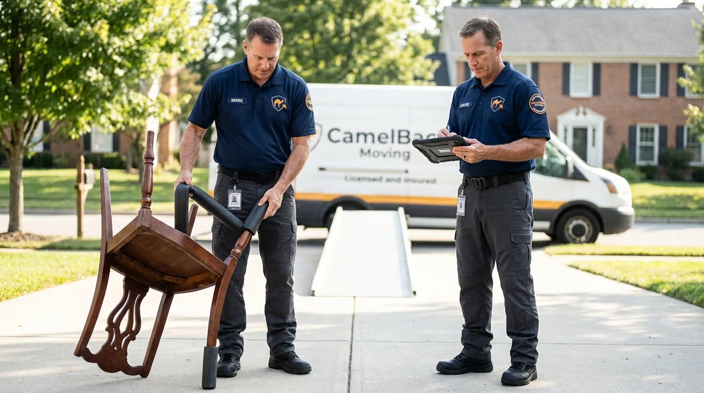Movers inspecting furniture for damage prevention before loading in Vinton, VA